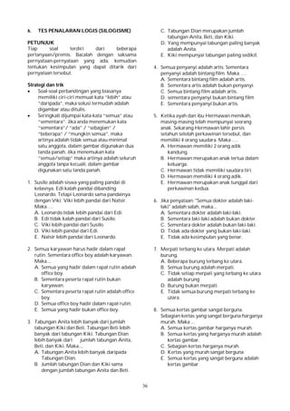 36
6. TES PENALARAN LOGIS (SILOGISME)
PETUNJUK
Tiap soal terdiri dari beberapa
pertanyaan/premis. Bacalah dengan saksama
pernyataan-pernyataan yang ada, kemudian
tentukan kesimpulan yang dapat ditarik dari
pernyataan tersebut.
Strategi dan trik
 Soal-soal perbandingan yang biasanya
memiliki ciri-ciri memuat kata “lebih” atau
“daripada”, maka solusi termudah adalah
digambar atau ditulis.
 Seringkali dijumpai kata-kata “semua” atau
“sementara”. Jika anda menemukan kata
“sementara”/ “ada” / “sebagian” /
“beberapa” / “mungkin semua”, maka
artinya adalah tidak semua atau minimal
satu anggota, dalam gambar digunakan dua
tanda panah. Jika menemukan kata
“semua/setiap” maka artinya adalah seluruh
anggota tanpa kecuali, dalam gambar
digunakan satu tanda panah.
1. Susilo adalah siswa yang paling pandai di
kelasnya. Edi kalah pandai dibanding
Leonardo. Tetapi Leonardo sama pandainya
dengan Viki. Viki lebih pandai dari Natsir.
Maka….
A. Leonardo tidak lebih pandai dari Edi.
B. Edi tidak kalah pandai dari Susilo.
C. Viki lebih pandai dari Susilo.
D. Viki lebih pandai dari Edi.
E. Natsir lebih pandai dari Leonardo.
2. Semua karyawan harus hadir dalam rapat
rutin. Sementara office boy adalah karyawan.
Maka....
A. Semua yang hadir dalam rapat rutin adalah
office boy.
B. Sementara peserta rapat rutin bukan
karyawan.
C. Sementara peserta rapat rutin adalah office
boy.
D. Semua office boy hadir dalam rapat rutin.
E. Semua yang hadir bukan office boy.
3. Tabungan Anita lebih banyak dari jumlah
tabungan Kiki dan Beti. Tabungan Beti lebih
banyak dari tabungan Kiki. Tabungan Dian
lebih banyak dari jumlah tabungan Anita,
Beti, dan Kiki. Maka....
A. Tabungan Anita lebih banyak daripada
Tabungan Dian.
B. Jumlah tabungan Dian dan Kiki sama
dengan jumlah tabungan Anita dan Beti.
C. Tabungan Dian merupakan jumlah
tabungan Anita, Beti, dan Kiki.
D. Yang mempunyai tabungan paling banyak
adalah Anita.
E. Kiki mempunyai tabungan paling sedikit.
4. Semua penyanyi adalah artis. Sementara
penyanyi adalah bintang film. Maka ….
A. Sementara bintang film adalah artis.
B. Sementara artis adalah bukan penyanyi.
C. Semua bintang film adalah artis.
D. sementara penyanyi bukan bintang film
E. Sementara penyanyi bukan artis.
5. Ketika ayah dan ibu Hermawan menikah,
masing-masing telah mempunyai seorang
anak. Sekarang Hermawan lahir persis
setahun setelah perkawinan tersebut, dan
memiliki 4 orang saudara. Maka ….
A. Hermawan memiliki 2 orang adik
kandung.
B. Hermawan merupakan anak tertua dalam
keluarga.
C. Hermawan tidak memiliki saudara tiri.
D. Hermawan memiliki 4 orang adik.
E. Hermawan merupakan anak tunggal dari
perkawinan kedua.
6. Jika penyataan: "Semua dokter adalah laki-
laki" adalah salah, maka...
A. Sementara dokter adalah laki-laki.
B. Sementara laki-laki adalah bukan dokter.
C. Sementara dokter adalah bukan laki-laki.
D. Tidak ada dokter yang bukan laki-laki.
E. Tidak ada kesimpulan yang benar.
7. Merpati terbang ke utara. Merpati adalah
burung.
A. Beberapa burung terbang ke utara.
B. Semua burung adalah merpati.
C. Tidak setiap merpati yang terbang ke utara
adalah burung
D. Burung bukan merpati.
E. Tidak semua burung merpati terbang ke
utara.
8. Semua kertas gambar sangat berguna.
Sebagian kertas yang sangat berguna harganya
murah. Maka ...
A. Semua kertas gambar harganya murah.
B. Semua kertas yang harganya murah adalah
kertas gambar.
C. Sebagian kertas harganya murah.
D. Kertas yang murah sangat berguna
E. Semua kertas yang sangat berguna adalah
kertas gambar.
 