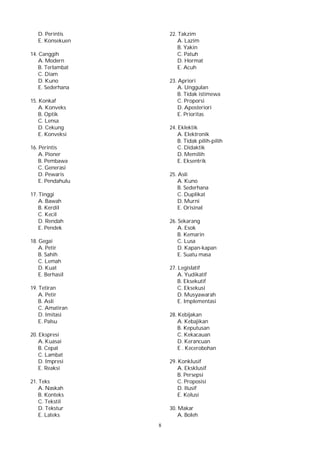 8
D. Perintis
E. Konsekuen
14. Canggih
A. Modern
B. Terlambat
C. Diam
D. Kuno
E. Sederhana
15. Konkaf
A. Konveks
B. Optik
C. Lensa
D. Cekung
E. Konveksi
16. Perintis
A. Pioner
B. Pembawa
C. Generasi
D. Pewaris
E. Pendahulu
17. Tinggi
A. Bawah
B. Kerdil
C. Kecil
D. Rendah
E. Pendek
18. Gegai
A. Petir
B. Sahih
C. Lemah
D. Kuat
E. Berhasil
19. Tetiran
A. Petir
B. Asli
C. Amatiran
D. Imitasi
E. Palsu
20. Ekspresi
A. Kuasai
B. Cepat
C. Lambat
D. Impresi
E. Reaksi
21. Teks
A. Naskah
B. Konteks
C. Tekstil
D. Tekstur
E. Lateks
22. Takzim
A. Lazim
B. Yakin
C. Patuh
D. Hormat
E. Acuh
23. Apriori
A. Unggulan
B. Tidak istimewa
C. Proporsi
D. Aposteriori
E. Prioritas
24. Eklektik
A. Elektronik
B. Tidak pilih-pilih
C. Didaktik
D. Memilih
E. Eksentrik
25. Asli
A. Kuno
B. Sederhana
C. Duplikat
D. Murni
E. Orisinal
26. Sekarang
A. Esok
B. Kemarin
C. Lusa
D. Kapan-kapan
E. Suatu masa
27. Legislatif
A. Yudikatif
B. Eksekutif
C. Eksekusi
D. Musyawarah
E. Implementasi
28. Kebijakan
A. Kebajikan
B. Keputusan
C. Kekacauan
D. Kerancuan
E . Kecerobohan
29. Konklusif
A. Eksklusif
B. Persepsi
C. Proposisi
D. Ilusif
E. Kolusi
30. Makar
A. Boleh
 