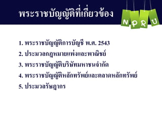 พระรำชบัญ ญ ัติที่เกี่ยวข้อง
1. พระรำชบัญ ญ ัติกำรบัญ ชี พ.ศ. 2543
2. ประมวลกฎหมำยแพ่งและพำณิชย์
3. พระรำชบัญ ญ ัติบริษัทมหำชนจำกัด
4. พระรำชบัญ ญ ัติหลักทรัพย์และตลำดหลักทรัพย์
5. ประมวลรัษฎำกร
 