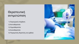 Θεραπευτική
αντιμετώπιση
1) Χειρουργική επέμβαση
2) Ακτινοθεραπεία
3) Χημειοθεραπεία
4) Ανοσοθεραπεία
5) Πειραματικές θεραπείες και εμβόλια
 
