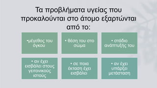 Τα προβλήματα υγείας που
προκαλούνται στο άτομο εξαρτώνται
από το:
•μέγεθος του
όγκου
• θέση του στο
σώμα
• στάδιο
ανάπτυξής του
• αν έχει
εισβάλει στους
γειτονικούς
ιστούς
• σε ποια
έκταση έχει
εισβάλει
• αν έχει
υπάρξει
μετάσταση
 