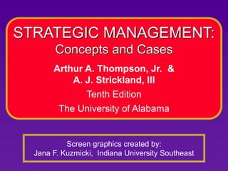 Screen graphics created by:
Jana F. Kuzmicki, Indiana University Southeast
STRATEGIC MANAGEMENT:
Concepts and Cases
Arthur A. Thompson, Jr. &
A. J. Strickland, III
Tenth Edition
The University of Alabama
 