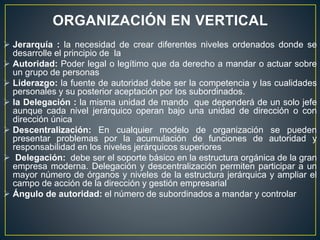 ORGANIZACIÓN EN VERTICAL
 Jerarquía : la necesidad de crear diferentes niveles ordenados donde se
desarrolle el principio de la
 Autoridad: Poder legal o legítimo que da derecho a mandar o actuar sobre
un grupo de personas
 Liderazgo: la fuente de autoridad debe ser la competencia y las cualidades
personales y su posterior aceptación por los subordinados.
 la Delegación : la misma unidad de mando que dependerá de un solo jefe
aunque cada nivel jerárquico operan bajo una unidad de dirección o con
dirección única
 Descentralización: En cualquier modelo de organización se pueden
presentar problemas por la acumulación de funciones de autoridad y
responsabilidad en los niveles jerárquicos superiores
 Delegación: debe ser el soporte básico en la estructura orgánica de la gran
empresa moderna. Delegación y descentralización permiten participar a un
mayor número de órganos y niveles de la estructura jerárquica y ampliar el
campo de acción de la dirección y gestión empresarial
 Ángulo de autoridad: el número de subordinados a mandar y controlar
 