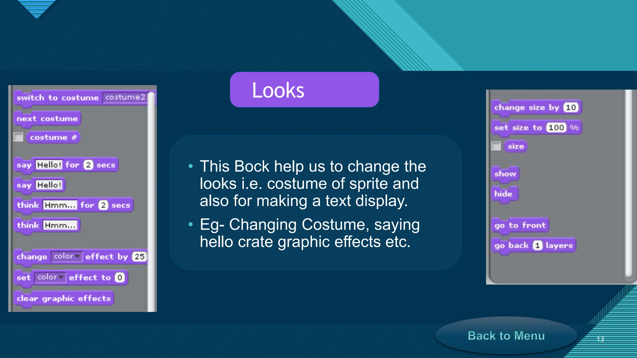 Click to edit Master title style
13
13
• This Bock help us to change the
looks i.e. costume of sprite and
also for making a text display.
• Eg- Changing Costume, saying
hello crate graphic effects etc.
Looks
 