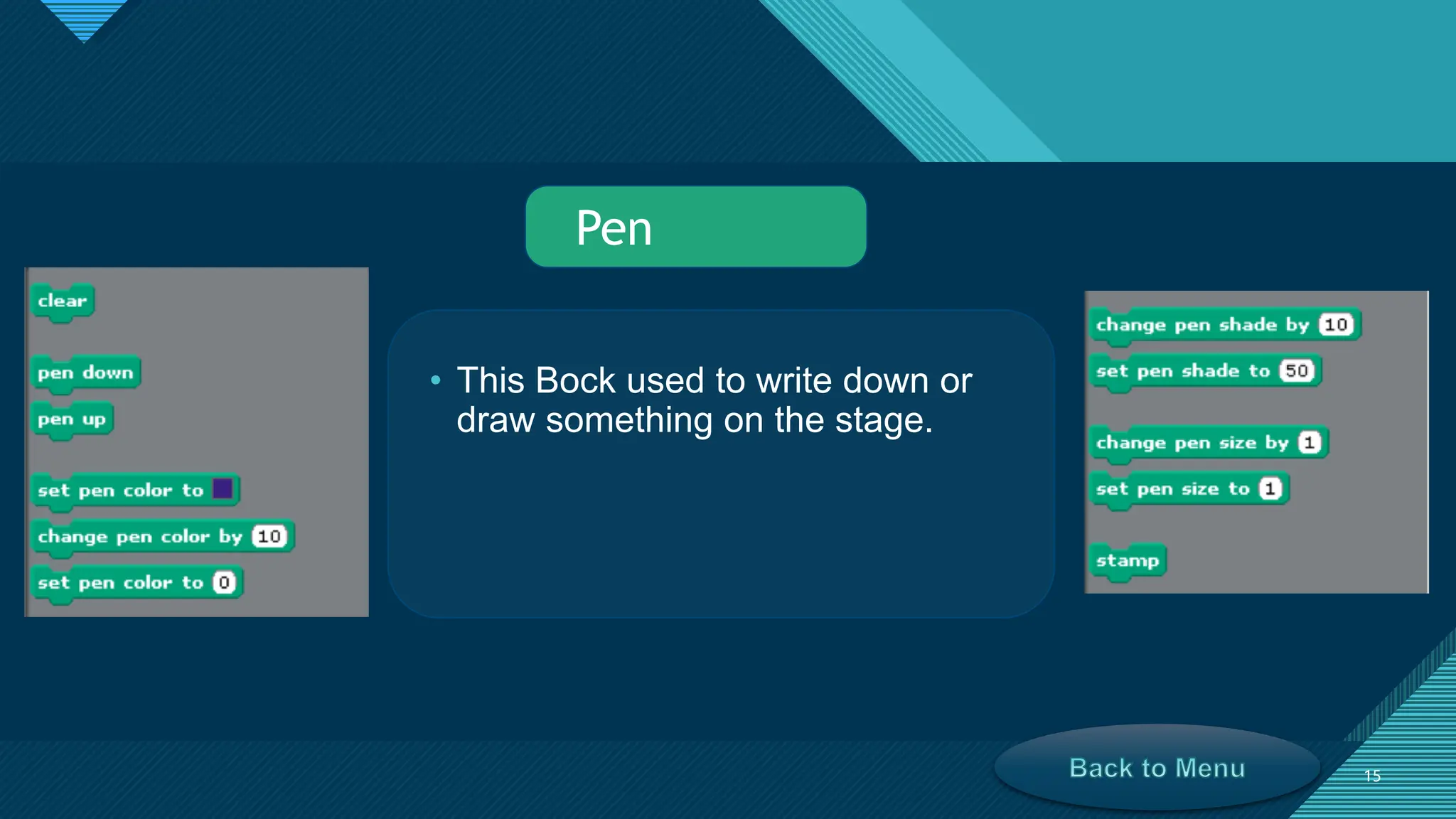 Click to edit Master title style
15
15
• This Bock used to write down or
draw something on the stage.
Pen
 