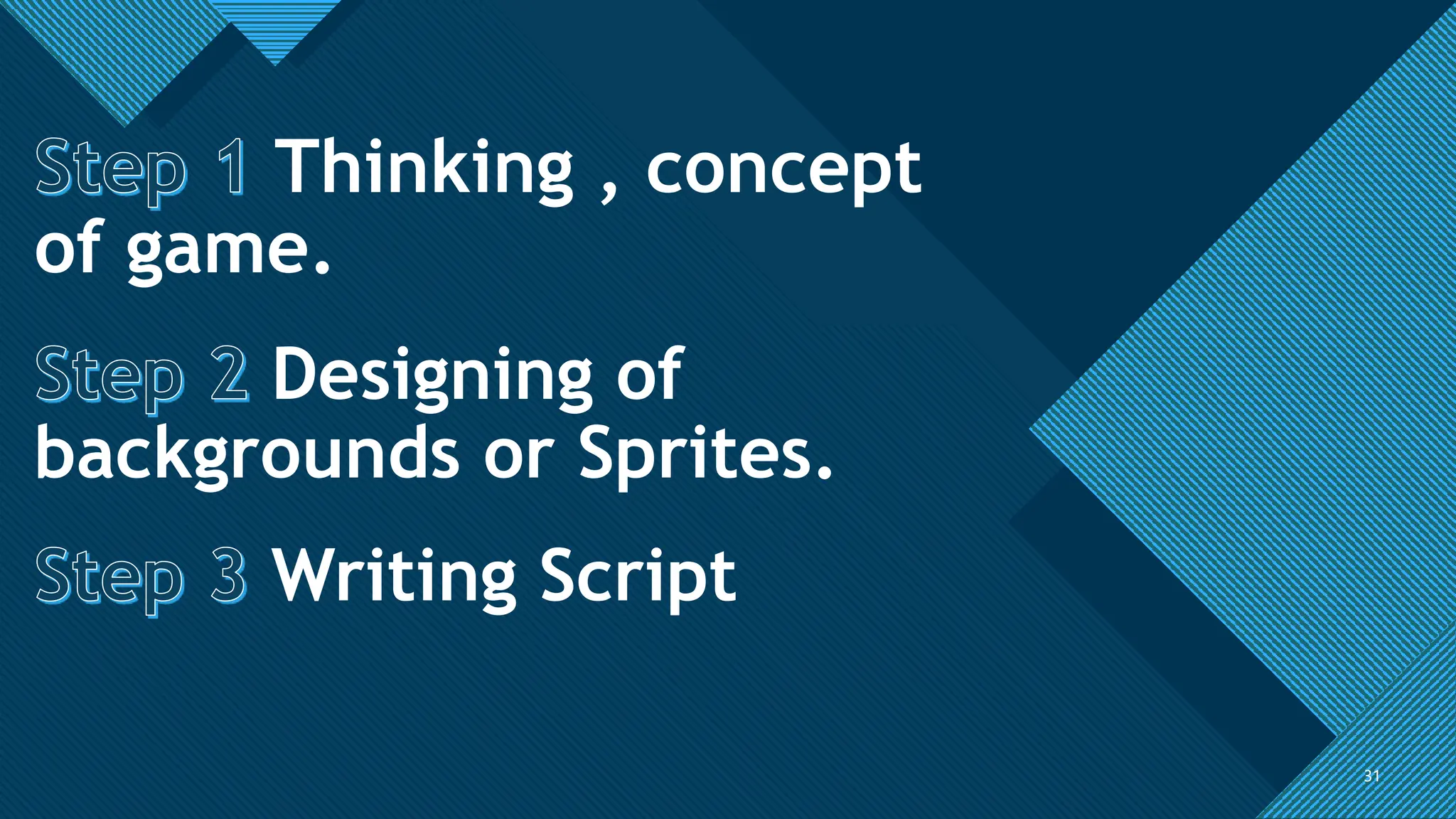 Click to edit Master title style
31
Thinking , concept
of game.
31
Designing of
backgrounds or Sprites.
Writing Script
 