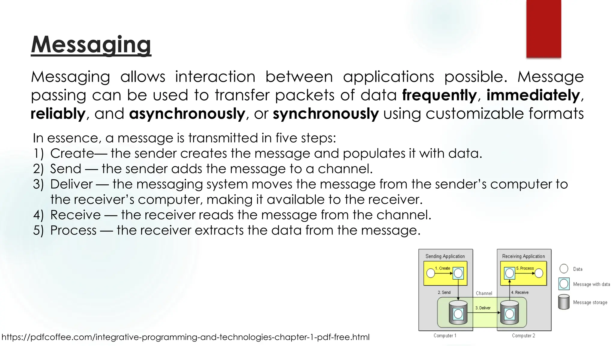 https://pdfcoffee.com/integrative-programming-and-technologies-chapter-1-pdf-free.html
Messaging
Messaging allows interaction between applications possible. Message
passing can be used to transfer packets of data frequently, immediately,
reliably, and asynchronously, or synchronously using customizable formats
In essence, a message is transmitted in five steps:
1) Create— the sender creates the message and populates it with data.
2) Send — the sender adds the message to a channel.
3) Deliver — the messaging system moves the message from the sender’s computer to
the receiver’s computer, making it available to the receiver.
4) Receive — the receiver reads the message from the channel.
5) Process — the receiver extracts the data from the message.
 