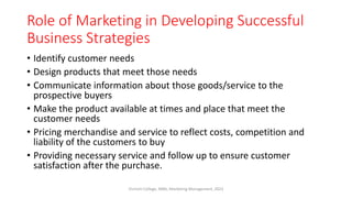 Role of Marketing in Developing Successful
Business Strategies
• Identify customer needs
• Design products that meet those needs
• Communicate information about those goods/service to the
prospective buyers
• Make the product available at times and place that meet the
customer needs
• Pricing merchandise and service to reflect costs, competition and
liability of the customers to buy
• Providing necessary service and follow up to ensure customer
satisfaction after the purchase.
Virinchi College, MBA, Marketing Management, 2023
 