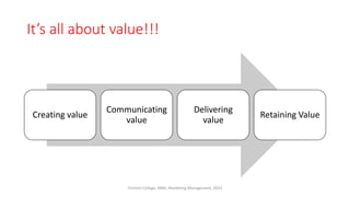 It’s all about value!!!
Creating value
Communicating
value
Delivering
value
Retaining Value
Virinchi College, MBA, Marketing Management, 2023
 