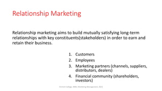 Relationship Marketing
Relationship marketing aims to build mutually satisfying long-term
relationships with key constituents(stakeholders) in order to earn and
retain their business.
1. Customers
2. Employees
3. Marketing partners (channels, suppliers,
distributors, dealers)
4. Financial community (shareholders,
investors)
Virinchi College, MBA, Marketing Management, 2023
 