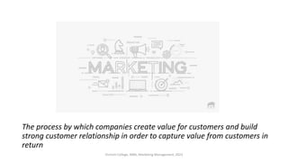 The process by which companies create value for customers and build
strong customer relationship in order to capture value from customers in
return
Virinchi College, MBA, Marketing Management, 2023
 