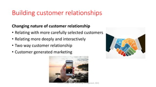 Building customer relationships
Changing nature of customer relationship
• Relating with more carefully selected customers
• Relating more deeply and interactively
• Two way customer relationship
• Customer generated marketing
Virinchi College, MBA, Marketing Management, 2023
 