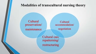 Modalities of transcultural nursing theory
Cultural
preservation/
maintenance
Cultural care
repatterning/
restructuring
Cultural
accommodation/
negotiation
 