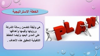 ‫االستراتيجية‬ ‫الخطة‬
‫الشركة‬ ‫رسالة‬ ‫تتضمن‬ ‫وثيقة‬ ‫هي‬
‫وأهدافها‬ ‫وقيمها‬ ‫ورؤيتها‬
‫الخطط‬ ‫وأيضا‬ ‫البعيد‬ ‫المدى‬ ‫على‬
‫األهداف‬ ‫هذه‬ ‫لتحقيق‬ ‫التنفيذية‬
.
 