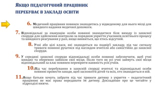 ЯКЩО ПЕДАГОГІЧНИЙ ПРАЦІВНИК
ПЕРЕБУВАЄ В ЗАКЛАДІ ОСВІТИ
6. Медичний працівник повинен знаходитись у відведеному для нього місці для
швидкого надання медичної допомоги.
7. Відповідальні за евакуацію особи повинні знаходитися біля виходу із захисної
споруди для здійснення контролю за порядком укриття учасників освітнього процесу
та швидкого реагування у разі, якщо виявиться, що хтось відсутній.
8. Учні або цілі класи, які знаходяться на подвір’ї закладу, під час сигналу
тривоги повинні рухатися під наглядом вчителя або самостійно до захисної
споруди.
9. У середині захисної споруди відповідальні особи повинні забезпечити, щоб учні
швидко та обережно зайняли свої місця. Після того як усі учні займуть свої місця
відповідальний за клас повинен перевірити наявність усіх учнів.
10.Під час перебування в захисній споруді вчителі та відповідальні особи
повинні провести заходи, щоб заспокоїти дітей та всіх, хто знаходиться в ній.
11.Якщо батьки хочуть забрати під час тривоги дитину з укриття – педагогічний
працівник не має права передавати їм дитину. Докладніше про це читайте у
підрозділі нижче.
 