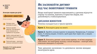 ЯК ЗАСПОКОЇТИ ДИТИНУ
ПІД ЧАС ПОВІТРЯНОЇ ТРИВОГИ
Якщо повітряні тривоги викликають у дитини відчуття
страху та паніки, навчить її простих вправ, які
допоможуть стабілізуватися:
ДИХАННЯ ЖИВОТОМ
Техніка складається з трьох кроків:
Крок 1. Покладіть руку на живіт.
Крок 2. Зробіть кілька вдихів та видихів. Наприклад, 5 секунд
вдих, 5 секунд видих. Стежте, щоб вдих був через ніс, а видих
— через рот.
Крок 3. Поясніть дитині: коли вона вдихає, то м’яко надуває
свій живіт, як повітряну кульку, а коли видихає - повітря ніби
повільно виходить із кульки.
Таке дихання заспокоює та допомагає кисню швидше
насичувати кров.
 