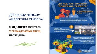 ДІЇ ПІД ЧАС СИГНАЛУ
«ПОВІТРЯНА ТРИВОГА»
ЯКЩО ВИ ЗНАХОДИТЕСЬ
У ГРОМАДСЬКОМУ МІСЦІ,
НЕОБХІДНО:
 