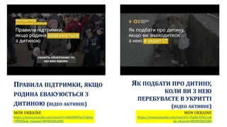 ПРАВИЛА ПІДТРИМКИ, ЯКЩО
РОДИНА ЕВАКУЮЄТЬСЯ З
ДИТИНОЮ (ВІДЕО АКТИВНЕ)
MON UKRAINE
https://www.youtube.com/watch?v=8ml9RPFun7s&list
=PPSV&ab_channel=MONUKRAINE
ЯК ПОДБАТИ ПРО ДИТИНУ,
КОЛИ ВИ З НЕЮ
ПЕРЕБУВАЄТЕ В УКРИТТІ
(ВІДЕО АКТИВНЕ)
MON UKRAINE
https://www.youtube.com/watch?v=VpJXr3UXCvo&
ab_channel=MONUKRAINE
 
