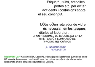 Etiqueteu tubs, ampolles,
portes etc. per evitar
accidents i confusions sobre
el seu contingut.
LÕús dÕun rotulador de vidre
és necessari en les tasques
diàries al laboratori.
UF1/NF1/NORMES DE SEGURETAT EN LA
UTILITZACIÓ I ELIMINACIÓ DE
PRODUCTES QUÍMICS
5.- INDICADORS DE
PERILLOSITAT
Reglament CLP (Classification, Labelling, Package) de substàncies químiques en la
UE serveix, bàsicament, per identificar el risc químic en referència als aspectes
relacionats amb la salut i la seguretat dels usuaris.
 