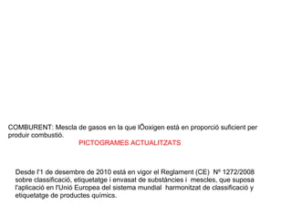 COMBURENT: Mescla de gasos en la que lÕoxigen està en proporció suficient per
produir combustió.
PICTOGRAMES ACTUALITZATS
Desde l'1 de desembre de 2010 está en vigor el Reglament (CE) Nº 1272/2008
sobre classificació, etiquetatge i envasat de substàncies i mescles, que suposa
l'aplicació en l'Unió Europea del sistema mundial harmonitzat de classificació y
etiquetatge de productes químics.
 