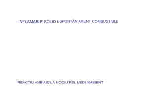 INFLAMABLE SÒLID ESPONTÀNIAMENT COMBUSTIBLE
REACTIU AMB AIGUA NOCIU PEL MEDI AMBIENT
 