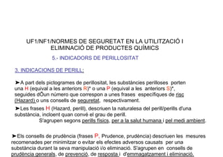UF1/NF1/NORMES DE SEGURETAT EN LA UTILITZACIÓ I
ELIMINACIÓ DE PRODUCTES QUÍMICS
5.- INDICADORS DE PERILLOSITAT
3. INDICACIONS DE PERILL:
➤A part dels pictogrames de perillositat, les substàncies perilloses porten
una H (equival a les anteriors R)* o una P (equival a les anteriors S)*,
seguides dÕun número que correspon a unes frases específiques de risc
(Hazard) o uns consells de seguretat, respectivament.
➤Les frases H (Hazard, perill), descriuen la naturalesa del perill/perills d'una
substància, incloent quan convé el grau de perill.
S'agrupen segons perills físics, per a la salut humana i pel medi ambient.
➤Els consells de prudència (frases P, Prudence, prudència) descriuen les mesures
recomenades per minimitzar o evitar els efectes adversos causats per una
substància durant la seva manipulació i/o eliminació. S'agrupen en consells de
prudència generals, de prevenció, de resposta i d'emmagatzament i eliminació.
 