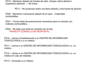 P210 – Mantener alejado de fuentes de calor, chispas, llama abierta o
superficies calientes. — No fumar.
P211 – No pulverizar sobre una llama abierta u otra fuente de ignición.
P220 – Mantener o almacenar alejado de la ropa/…/materiales
combustibles.
P221 – Tomar todas las precauciones necesarias para no mezclar con
materias combustibles…
P222 – No dejar que entre en contacto con el aire.
FRASES P (CONSELLS DE RESPOSTA)
P310 – Llamar inmediatamente a un CENTRO DE INFORMACION
TOXICOLOGICA o a un médico.
P311 – Llamar a un CENTRO DE INFORMACION TOXICOLOGICA o a un
médico.
P312 – Llamar a un CENTRO DE INFORMACION TOXICOLOGICA o a un
médico en caso de malestar.
P313 – Consultar a un médico.
 