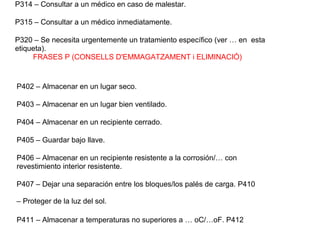 P314 – Consultar a un médico en caso de malestar.
P315 – Consultar a un médico inmediatamente.
P320 – Se necesita urgentemente un tratamiento específico (ver … en esta
etiqueta).
FRASES P (CONSELLS D'EMMAGATZAMENT i ELIMINACIÓ)
P402 – Almacenar en un lugar seco.
P403 – Almacenar en un lugar bien ventilado.
P404 – Almacenar en un recipiente cerrado.
P405 – Guardar bajo llave.
P406 – Almacenar en un recipiente resistente a la corrosión/… con
revestimiento interior resistente.
P407 – Dejar una separación entre los bloques/los palés de carga. P410
– Proteger de la luz del sol.
P411 – Almacenar a temperaturas no superiores a … oC/…oF. P412
 