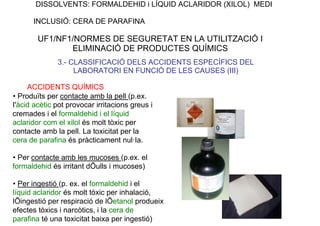 DISSOLVENTS: FORMALDEHID i LÍQUID ACLARIDOR (XILOL) MEDI
INCLUSIÓ: CERA DE PARAFINA
UF1/NF1/NORMES DE SEGURETAT EN LA UTILITZACIÓ I
ELIMINACIÓ DE PRODUCTES QUÍMICS
3.- CLASSIFICACIÓ DELS ACCIDENTS ESPECÍFICS DEL
LABORATORI EN FUNCIÓ DE LES CAUSES (III)
ACCIDENTS QUÍMICS
• Produïts per contacte amb la pell (p.ex.
l'àcid acètic pot provocar irritacions greus i
cremades i el formaldehid i el líquid
aclaridor com el xilol és molt tòxic per
contacte amb la pell. La toxicitat per la
cera de parafina és pràcticament nul·la.
• Per contacte amb les mucoses (p.ex. el
formaldehid és irritant dÕulls i mucoses)
• Per ingestió (p. ex. el formaldehid i el
líquid aclaridor és molt tòxic per inhalació,
lÕingestió per respiració de lÕetanol produeix
efectes tòxics i narcòtics, i la cera de
parafina té una toxicitat baixa per ingestió)
 