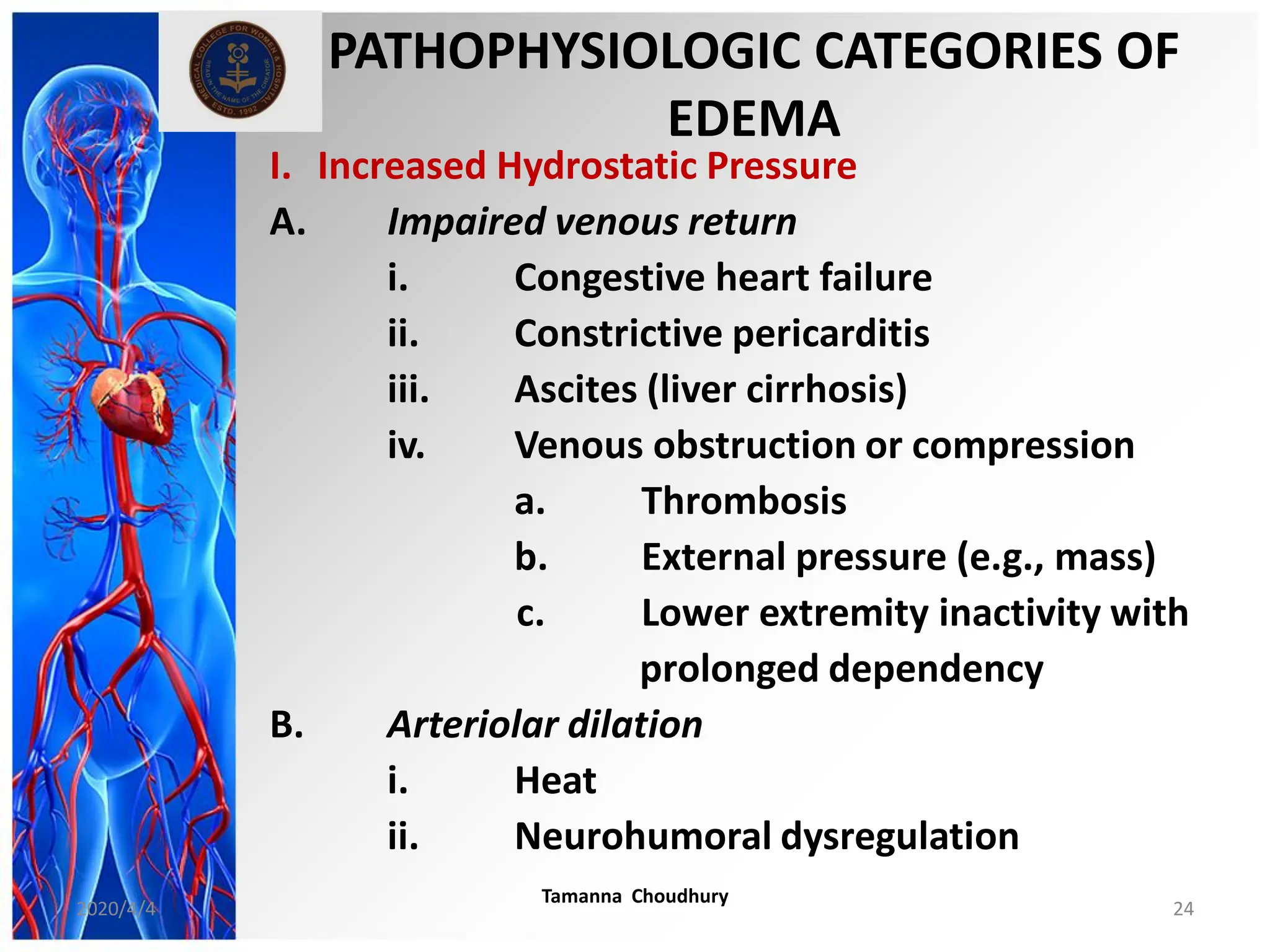 PATHOPHYSIOLOGIC CATEGORIES OF
EDEMA
I. Increased Hydrostatic Pressure
A. Impaired venous return
i. Congestive heart failure
ii. Constrictive pericarditis
iii. Ascites (liver cirrhosis)
iv. Venous obstruction or compression
a. Thrombosis
b. External pressure (e.g., mass)
c. Lower extremity inactivity with
prolonged dependency
B. Arteriolar dilation
i. Heat
ii. Neurohumoral dysregulation
2020/4/4
Tamanna Choudhury
24
 
