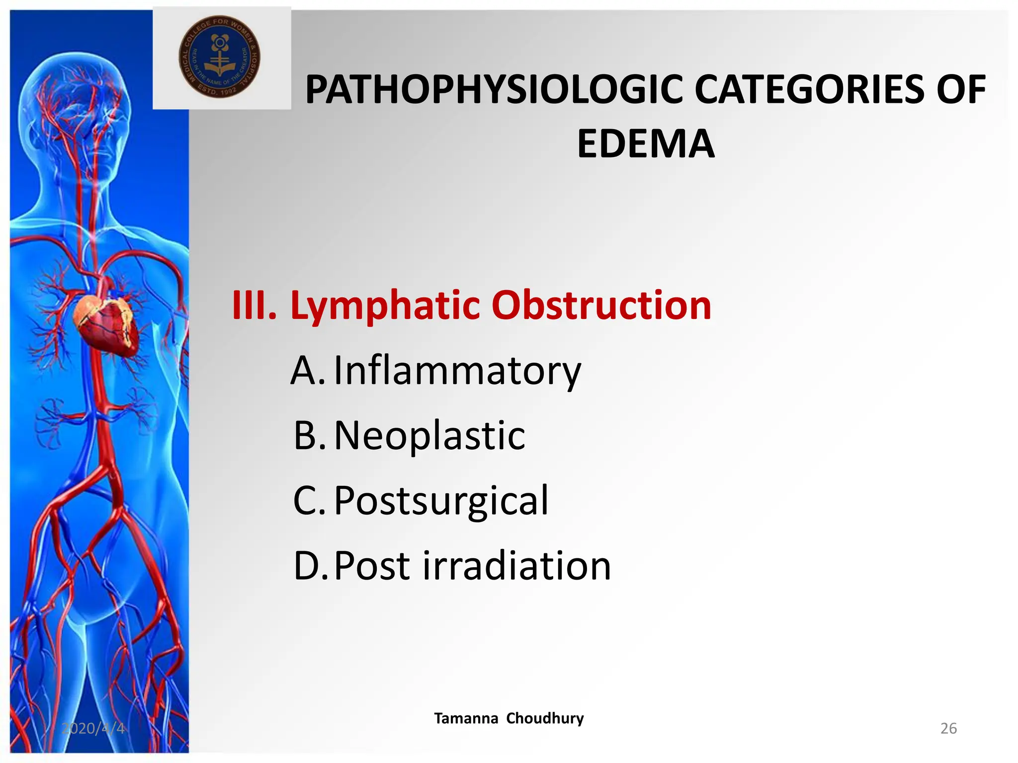 PATHOPHYSIOLOGIC CATEGORIES OF
EDEMA
III. Lymphatic Obstruction
A.Inflammatory
B.Neoplastic
C.Postsurgical
D.Post irradiation
2020/4/4
Tamanna Choudhury
26
 