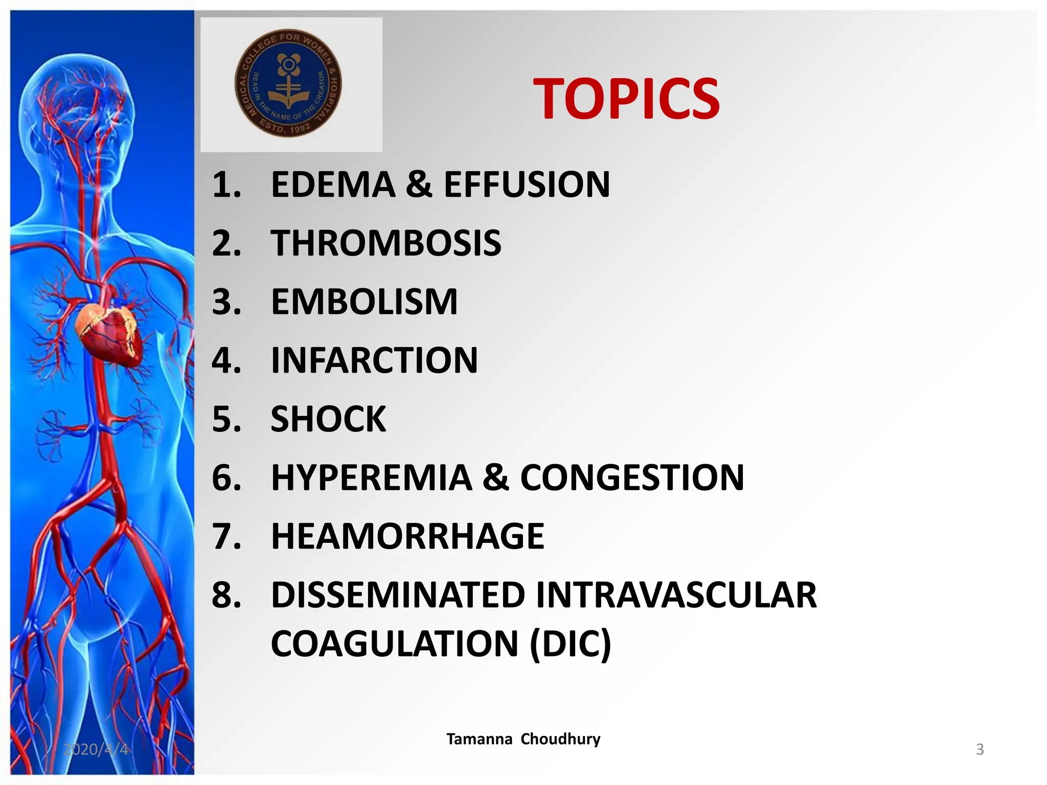 TOPICS
1. EDEMA & EFFUSION
2. THROMBOSIS
3. EMBOLISM
4. INFARCTION
5. SHOCK
6. HYPEREMIA & CONGESTION
7. HEAMORRHAGE
8. DISSEMINATED INTRAVASCULAR
COAGULATION (DIC)
2020/4/4
Tamanna Choudhury
3
 