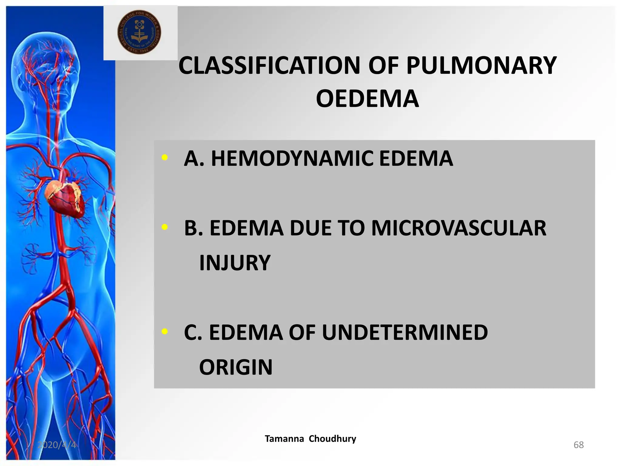 CLASSIFICATION OF PULMONARY
OEDEMA
• A. HEMODYNAMIC EDEMA
• B. EDEMA DUE TO MICROVASCULAR
INJURY
• C. EDEMA OF UNDETERMINED
ORIGIN
2020/4/4
Tamanna Choudhury
68
 