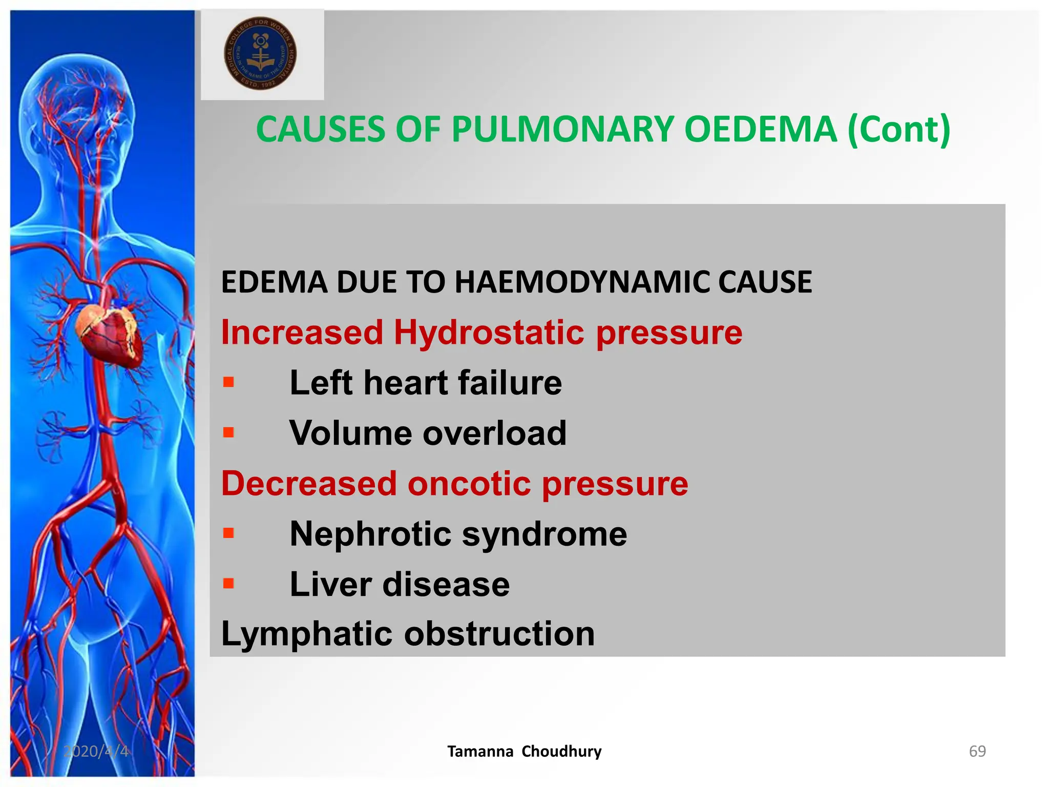 CAUSES OF PULMONARY OEDEMA (Cont)
EDEMA DUE TO HAEMODYNAMIC CAUSE
Increased Hydrostatic pressure
 Left heart failure
 Volume overload
Decreased oncotic pressure
 Nephrotic syndrome
 Liver disease
Lymphatic obstruction
2020/4/4 Tamanna Choudhury 69
 