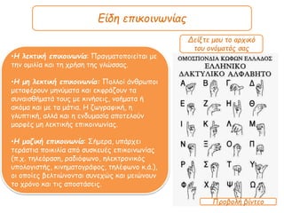 Είδη επικοινωνίας
•Η λεκτική επικοινωνία: Πραγματοποιείται με
την ομιλία και τη χρήση της γλώσσας.
•Η μη λεκτική επικοινωνία: Πολλοί άνθρωποι
μεταφέρουν μηνύματα και εκφράζουν τα
συναισθήματά τους με κινήσεις, νοήματα ή
ακόμα και με τα μάτια. Η ζωγραφική, η
γλυπτική, αλλά και η ενδυμασία αποτελούν
μορφές μη λεκτικής επικοινωνίας.
•Η μαζική επικοινωνία: Σήμερα, υπάρχει
τεράστια ποικιλία από συσκευές επικοινωνίας
(π.χ. τηλεόραση, ραδιόφωνο, ηλεκτρονικός
υπολογιστής, κινηματογράφος, τηλέφωνο κ.ά.),
οι οποίες βελτιώνονται συνεχώς και μειώνουν
το χρόνο και τις αποστάσεις.
Προβολή βίντεο
Δείξτε μου το αρχικό
του ονόματός σας
 