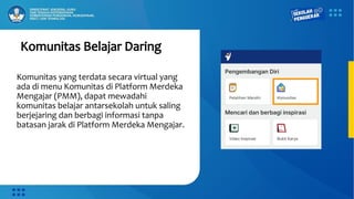 Komunitas Belajar Daring
Komunitas yang terdata secara virtual yang
ada di menu Komunitas di Platform Merdeka
Mengajar (PMM), dapat mewadahi
komunitas belajar antarsekolah untuk saling
berjejaring dan berbagi informasi tanpa
batasan jarak di Platform Merdeka Mengajar.
 