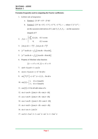 MAT2002 - ADDE
Module 1
Page 2
Formulas frequently used in computing the Fourier coefficients:
1. Leibnitz rule of integration:
a. Version 1 d d
U V UV V U
= −
∫ ∫
:
b. Version 2 1 2 3 4
d ' '' ''' ,
UV x UV U V U V U V
= − + − + ⋅⋅⋅
∫
: where ', '', ''',
U U U ⋅⋅⋅
are the successive derivatives of U, and 1 2 3 4
, , , ,
V V V V ⋅⋅⋅ are the successive
integrals of V
2.
( )
0
2 , if is even
( )
0, if is even
a
f x dx f
f x
f


= 


∫
3. cos
sin px
p
px dx = −
∫ , sin
cos px
p
px dx =
∫
4. [ ]
2 2
sin sin cos
Ax
Ax e
A B
e Bx dx A Bx B Bx
+
= −
∫ ,
5. [ ]
2 2
cos cos sin
Ax
Ax e
A B
e Bx dx A Bx B Bx
+
= +
∫
6. Property of Absolute value function:
x x
= − if 0
x < , x x
= if 0
x >
7. sin0 0,cos0 1 cos2
= = = π
8. sin 0,cos ( 1)n
n n
π = π = − for all n
9. (2 1) 1
2
sin ( 1) , 1,2,3,...
k k
k
− π −
  =
− =
  for all n
10. ( )
2
1, if 1(mod4)
sin
1, if 3(mod4)
n
n
n
π
≡

= 
− ≡

11. ( )
2
cos 0
nπ
= for all odd values of n
12. 1
2
sin cos [sin( ) sin( )]
A B A B A B
⋅ = + + −
13. 1
2
cos sin [sin( ) sin( )]
A B A B A B
⋅ = + − −
14. 1
2
cos cos [cos( ) cos( )]
A B A B A B
⋅ = + + −
15. 1
2
sin sin [cos( ) cos( )]
A B A B A B
⋅ = − − −
16. 1
2
sin cos sin 2
A A A
⋅ =
17. 2 2 2 2
cos2 2cos 1 cos sin 1 2sin
A A A A A
= − = − = −
 