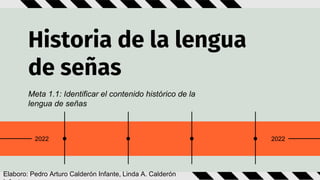 2022
2022
Historia de la lengua
de señas
Meta 1.1: Identificar el contenido histórico de la
lengua de señas
Elaboro: Pedro Arturo Calderón Infante, Linda A. Calderón
 