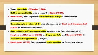  Term apomixis – Winkler (1908)
 Self-incompatibility was coined by Stout (1917).
 Koelreuter, first reported self-incompatibility in Verbascum
phoenceum.
 Gametophyte system of SI was discovered by East and Mangeosdorf
(1925) in Nicotina sanderae.
 Sporophytic self incompatibility system was first discovered by
Hughes and Babcock (1950) in Crepis foetida and Gerstel (1950) in
Parthenium argentatum (Guayule)
 Koelreuter (1763) first reported male sterility in flowering plants.
 