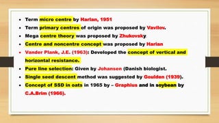  Term micro centre by Harlan, 1951
 Term primary centres of origin was proposed by Vavilov.
 Mega centre theory was proposed by Zhukovsky.
 Centre and noncentre concept was proposed by Harian
 Vander Plank, J.E. (1963): Developed the concept of vertical and
horizontal resistance.
 Pure line selection: Given by Johansen (Danish biologist.
 Single seed descent method was suggested by Goulden (1939).
 Concept of SSD in oats in 1965 by – Graphius and in soybean by
C.A.Brim (1966).
 