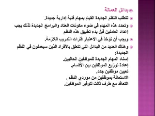 
‫العمالة‬ ‫بدائل‬

‫جديدة‬ ‫إدارية‬ ‫فنية‬ ‫بمهام‬ ‫القيام‬ ‫الجديدة‬ ‫النظم‬ ‫تتطلب‬
.

‫يجب‬ ‫لذلك‬ ‫الجديدة‬ ‫والبرامج‬ ‫العتاد‬ ‫مكونات‬ ‫ضوء‬ ‫في‬ ‫المهام‬ ‫هذه‬ ‫وتحدد‬
‫النظم‬ ‫هذه‬ ‫تطبيق‬ ‫بدء‬ ‫قبل‬ ‫العاملين‬ ‫إعداد‬

‫الالزمة‬ ‫التدريب‬ ‫فترات‬ ‫االعتبار‬ ‫في‬ ‫تؤخذ‬ ‫أن‬ ‫ويجب‬
.

‫ال‬ ‫في‬ ‫سيعملون‬ ‫الذين‬ ‫باألفراد‬ ‫تتعلق‬ ‫التي‬ ‫البدائل‬ ‫من‬ ‫العديد‬ ‫وهناك‬
‫نظم‬
‫الجديدة‬
:
‫الحاليين‬ ‫للموظفين‬ ‫الجديدة‬ ‫المهام‬ ‫إسناد‬
.
‫األقسام‬ ‫بين‬ ‫الموظفين‬ ‫توزيع‬ ‫إعادة‬
.
‫جدد‬ ‫موظفين‬ ‫تعيين‬
.
‫النظم‬ ‫موردي‬ ‫من‬ ‫بموظفين‬ ‫االستعانة‬
.
‫الموظفين‬ ‫لتوفير‬ ‫ثالث‬ ‫طرف‬ ‫مع‬ ‫التعاقد‬
.
 