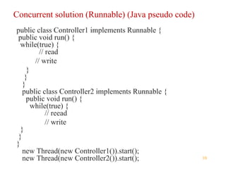 10
Concurrent solution (Runnable) (Java pseudo code)
public class Controller1 implements Runnable {
public void run() {
while(true) {
// read
// write
}
}
}
public class Controller2 implements Runnable {
public void run() {
while(true) {
// reead
// write
}
}
}
new Thread(new Controller1()).start();
new Thread(new Controller2()).start();
 
