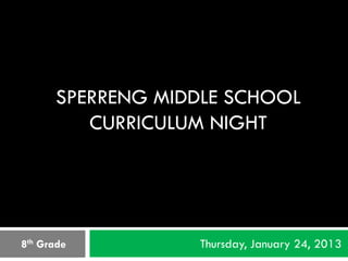 SPERRENG MIDDLE SCHOOL
         CURRICULUM NIGHT




8th Grade         Thursday, January 24, 2013
 