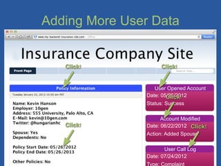 Adding More User Data


   Click!            Click!


                   User Opened Account
                Date: 05/26/2012
                        Click!
                Status: Success

                      Account Modified
   Click!       Date: 06/22/2012 Click!
                Action: Added Spouse

                       User Call Log
                Date: 07/24/2012
                Type: Complaint
 