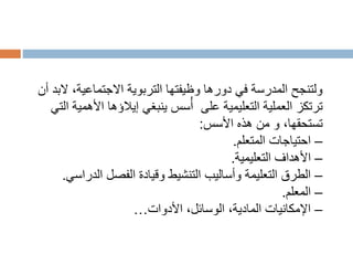 ‫ال‬ ،‫االجتماعية‬ ‫التربوية‬ ‫وظيفتها‬ ‫دورها‬ ‫في‬ ‫المدرسة‬ ‫ولتنجح‬
‫أن‬ ‫بد‬
‫على‬ ‫التعليمية‬ ‫العملية‬ ‫ترتكز‬
‫ينبغي‬ ‫سس‬ُ‫أ‬
‫إيالؤها‬
‫األهم‬
‫التي‬ ‫ية‬
‫هذه‬ ‫من‬ ‫و‬ ،‫تستحقها‬
‫األسس‬
:
–
‫احتياجات‬
‫المتعلم‬
.
–
‫األهداف‬
‫التعليمية‬
.
–
‫الفصل‬ ‫وقيادة‬ ‫التنشيط‬ ‫وأساليب‬ ‫التعليمة‬ ‫الطرق‬
‫الدراس‬
‫ي‬
.
–
‫المعلم‬
.
–
،‫الوسائل‬ ،‫المادية‬ ‫اإلمكانيات‬
‫األدوات‬
…
 