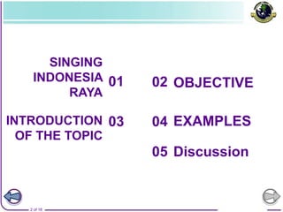 2 of 18
SINGING
INDONESIA
RAYA
01
INTRODUCTION
OF THE TOPIC
03
OBJECTIVE
02
EXAMPLES
04
05 Discussion
 