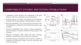 COMPATIBILITY STUDIES: PREVENTING INTERACTIONS
• Compatibility studies determine the compatibility of the drug
substance with various excipients to prevent interactions:
1. Excipient Selection: Excipients are evaluated for their potential
to interact with the drug substance, affecting stability or efficacy.
2. Physical Compatibility: This assesses physical interactions, such
as precipitation or complexation, between the drug substance and
excipients.
3. Chemical Compatibility: This evaluates chemical interactions,
such as hydrolysis or oxidation, between the drug substance and
excipients.
4. Analytical Techniques: DSC, FTIR, and other analytical
techniques are used to detect and characterize interactions.
5. Formulation Design: Compatibility data informs the selection of
excipients and formulation design to prevent interactions and
ensure drug stability.
 