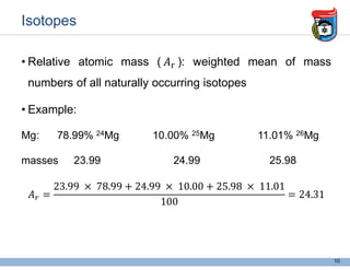 • Relative atomic mass ( ): weighted mean of mass
numbers of all naturally occurring isotopes
• Example:
Mg: 78.99% 24Mg 10.00% 25Mg 11.01% 26Mg
masses 23.99 24.99 25.98
Isotopes
10
 