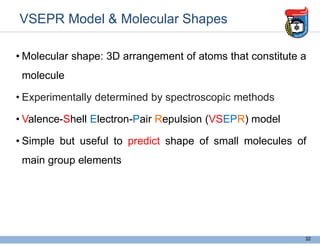 VSEPR Model & Molecular Shapes
• Molecular shape: 3D arrangement of atoms that constitute a
molecule
• Experimentally determined by spectroscopic methods
• Valence-Shell Electron-Pair Repulsion (VSEPR) model
• Simple but useful to predict shape of small molecules of
main group elements
32
 