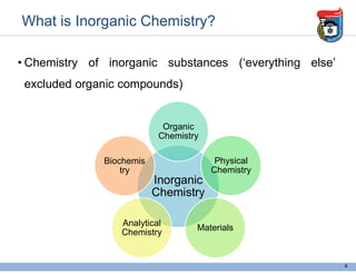 What is Inorganic Chemistry?
• Chemistry of inorganic substances (‘everything else’
excluded organic compounds)
4
Inorganic
Chemistry
Organic
Chemistry
Physical
Chemistry
Materials
Analytical
Chemistry
Biochemis
try
 